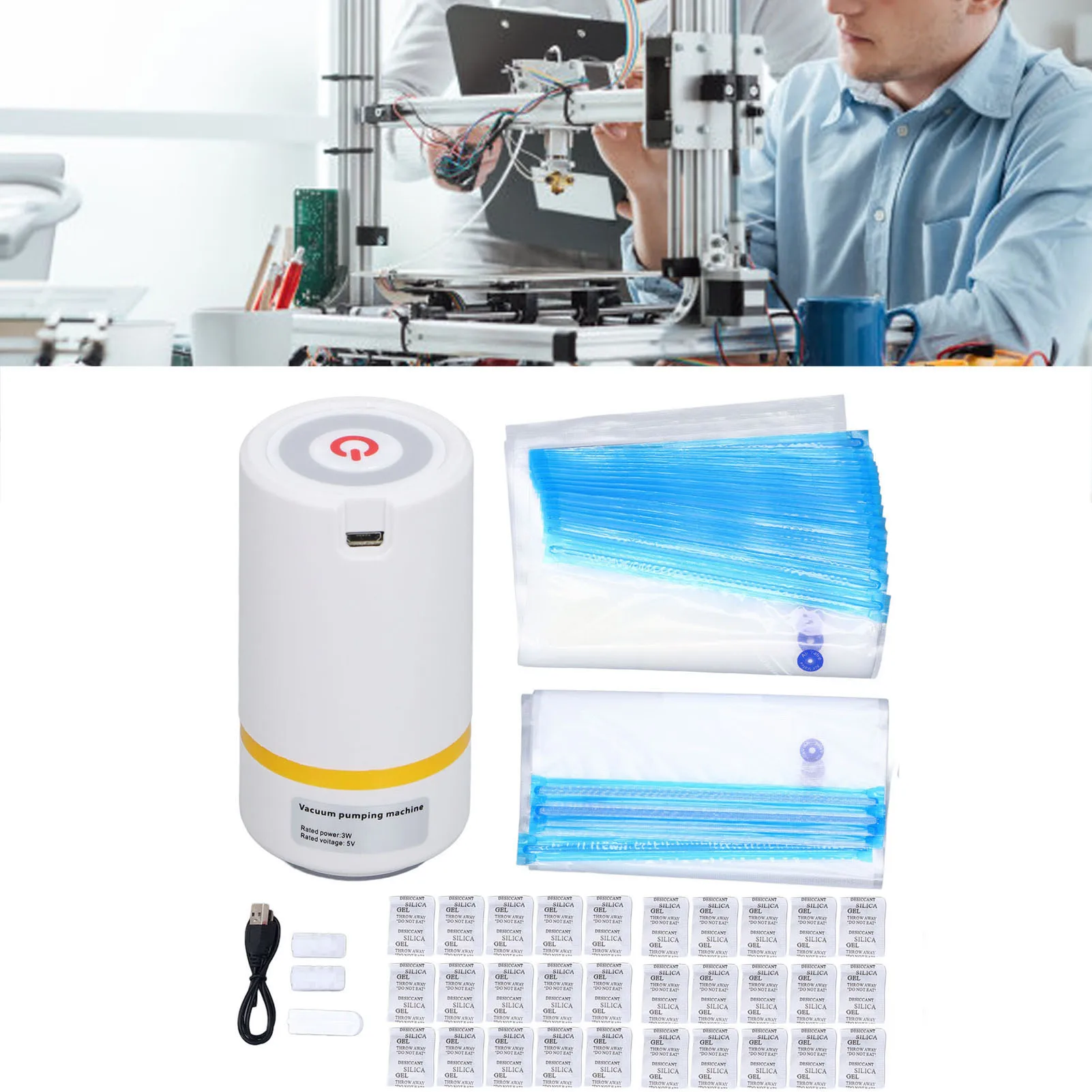 

【Sale】3D Printing Filament Vacuum Kit 5V 3W Automatic Pump 2 Sizes Sealing Dust Storage Bags for 0.5kg 0.75kg 1kg 2kg Spools