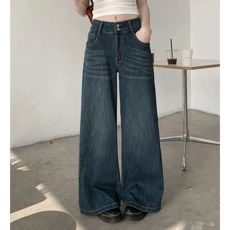 Lady Korean High Waist Casual Daily Jeans Women Retro Fashion Blue Long Pants Girls Chic Straight Leg Denim Trousers