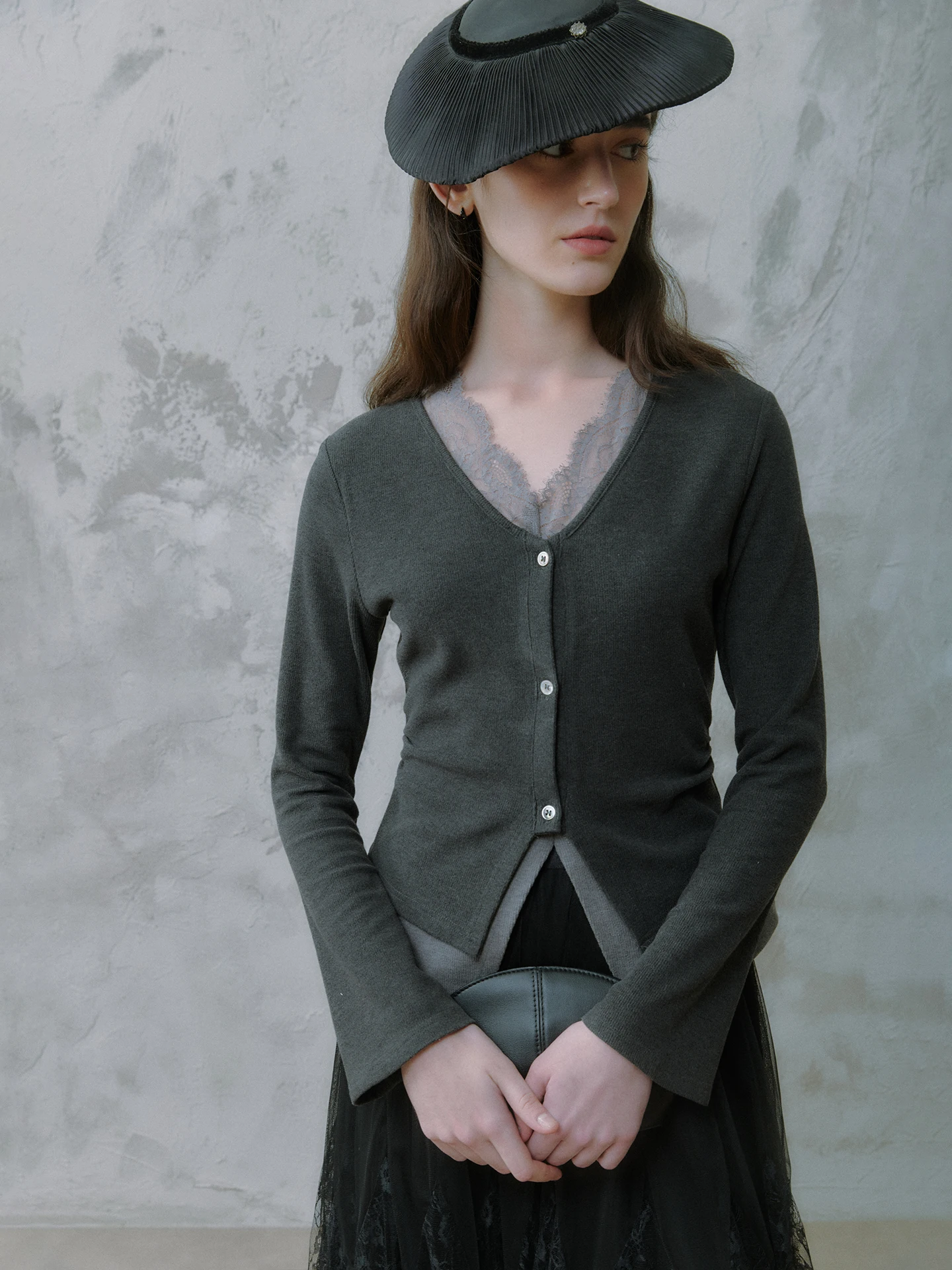 

Oz Faux Two-Piece Color Blo Lace V-Ne Brued Knitted Cardigan Women's Slim Fit Top Soft Warm Long Sve Coat