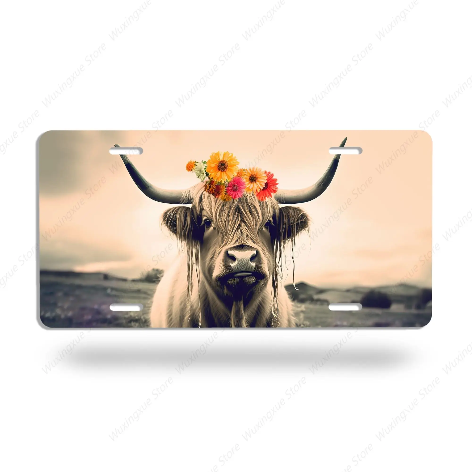 Highland Cow with Flowers Front License Plates Cover Metal Car Plate Funny Novelty Vanity Tag Screw Decorative for Men Women