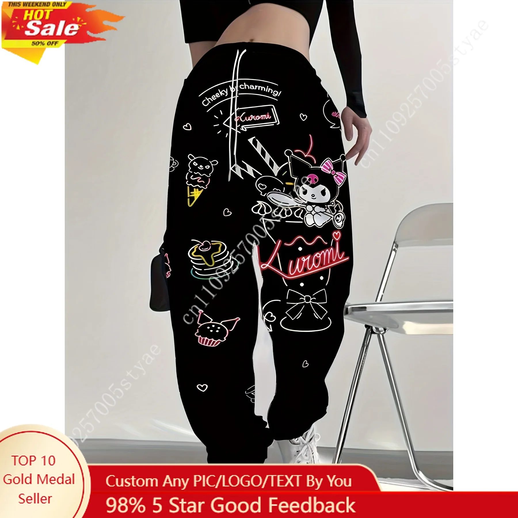 

Neon Line Art Kuromi Jogger Pants Sweet Dessert Heart All‑Over Print Slogan Letter Graphic Drawstring Waist Streetwear Trousers