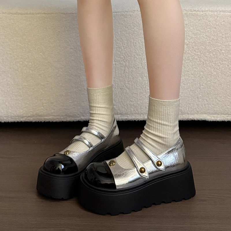 

New Women Two-tone Metal Studded Platform Mary Jane Shoes Round Toe Buckle Strap Slip On Casual Summer Gothic Lolita Pumps Shoes