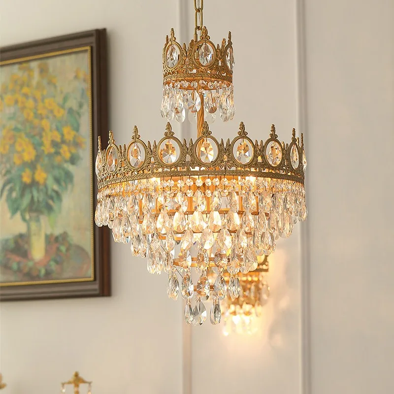 Vintage French crown crystal chandelier, bedroom bedside entrance all copper chandelier