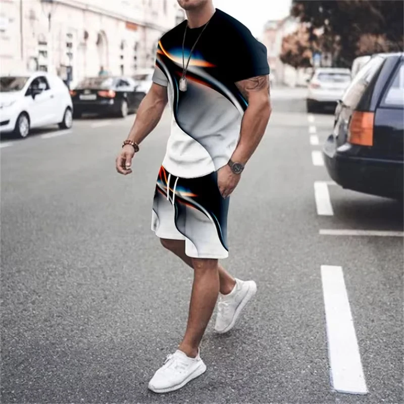 

Summer Men Tracksuit Colorful Line 3D Printing Men T-shirt And Short Set Kid Streetwear Short Sleeved Set Kid T-shirt Tracksuit