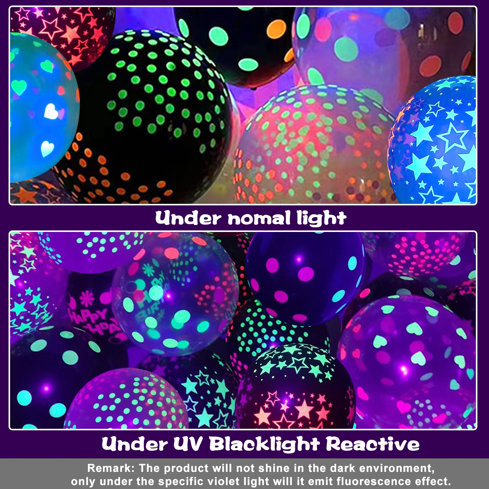 50 قطعة من بالونات النيون المتوهجة مقاس 12 بوصة، بالونات سميكة، بالونات مطبوعة لعيد الميلاد السعيد بنقاط النجوم، تتوهج في ضوء الأشعة فوق البنفسجية الفلورسنت La