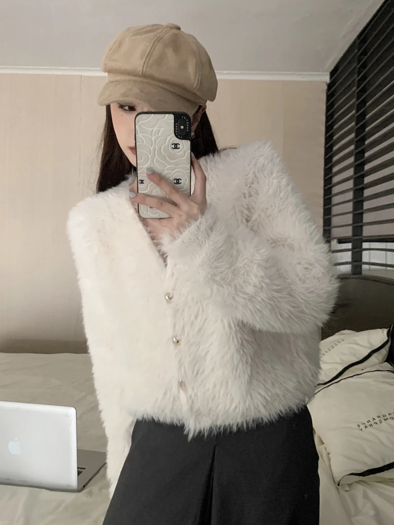 Fluffy Mohair Cardigan V-Neck Gold Button Up Fuzzy Sweater for Women Autumn Winter