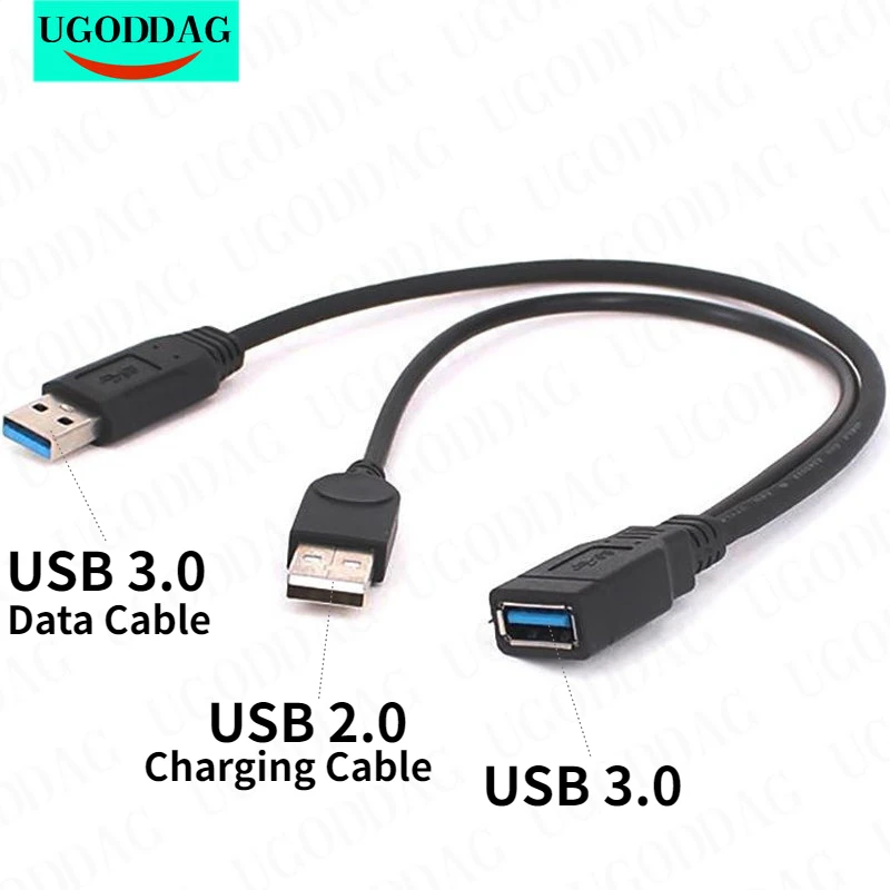 30 سنتيمتر USB 3.0 أنثى إلى المزدوج USB ذكر محور البيانات محول الطاقة Y الخائن USB شحن كابل الطاقة الحبل تمديد الكابلات