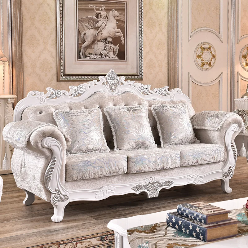 European Cloth Sofa Living Room Flannel Solid Wood Carving Flower Fabric High-end Luxury Combination New Removable And Washable