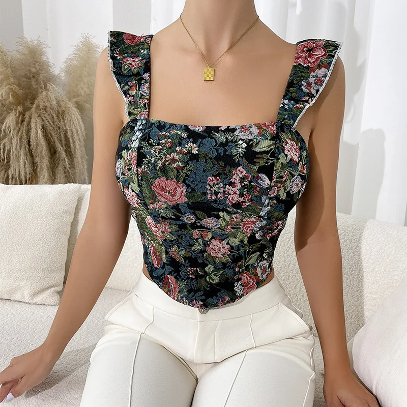 

Vintage Floral Print Jacquard Corset Cropped Tops for Women French Sleeveless Halter Camis Body Shaper Bustier Clubwear Tank Top