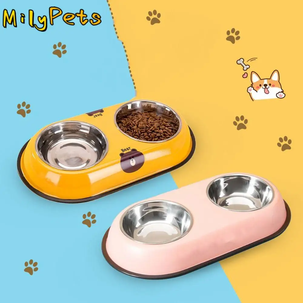 Stainless Steel Pet Feeding Double Bowls Non-Slip Anti Ants Dog Feeder Dispenser Cartoon Portable Pet Food Basin Drinking Dish