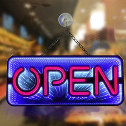 3D Mirror Neon Open Sign 48x20cm Double-Sided LED Light for Pizza Coffee Bar Store - Colorful Background Infinite Tunnel Light