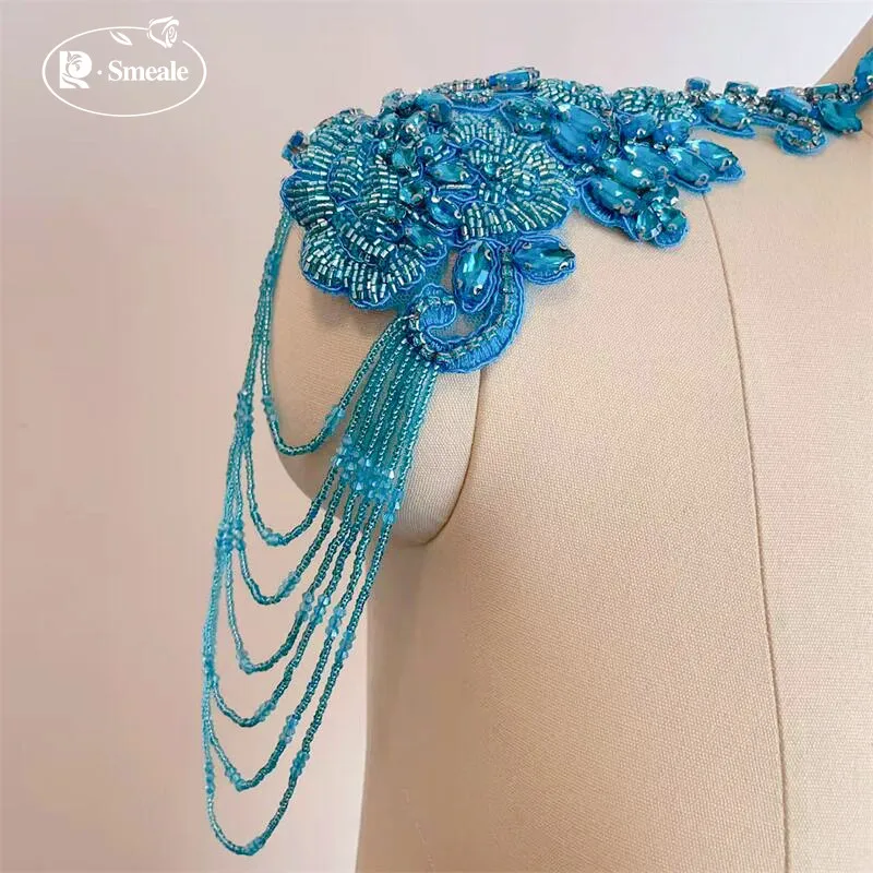 1 Paar. 35x12cm. Funkelnde Abendkleid-Dekoration DIY-Applikationen für die Schulter. Handgenähte Quasten-Glasdiamant-Applikationen für Kleidung. – Detail 5