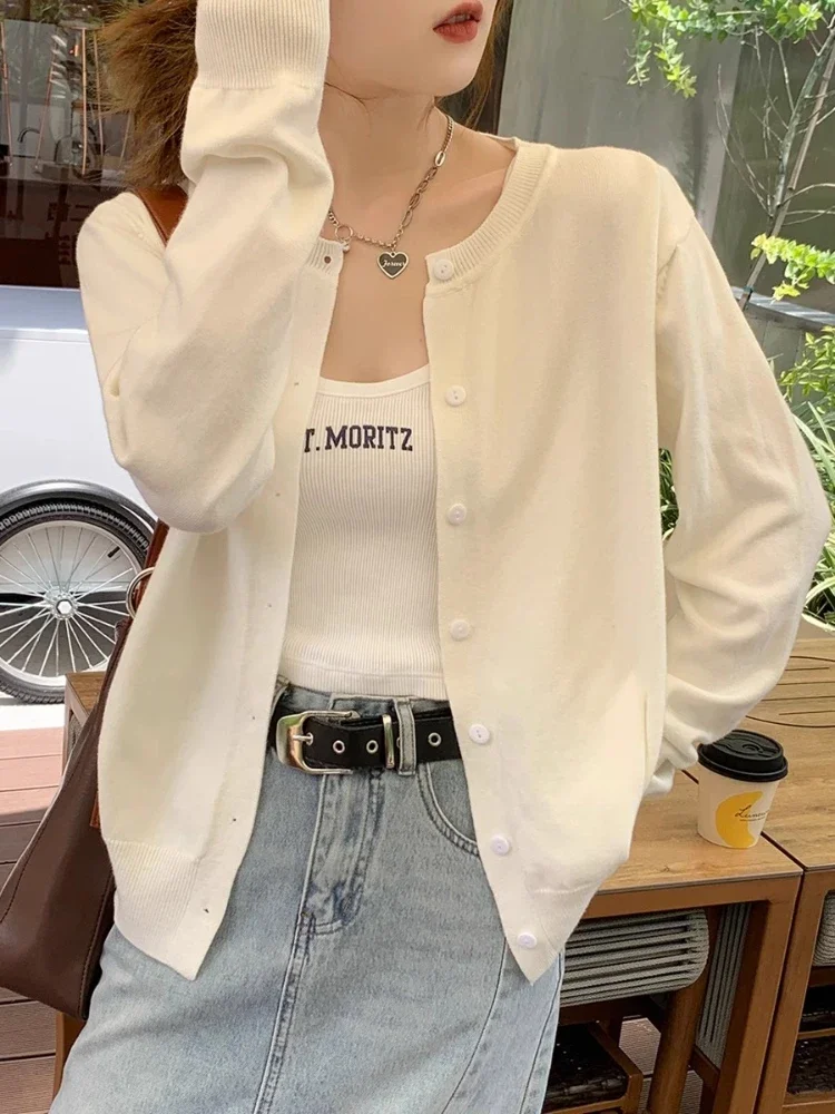 New 2026 Spring Summer Knit Cardigan O-Neck Solid Color Fashion High-Grade Comfortable Slim Casual Knitwear Tops