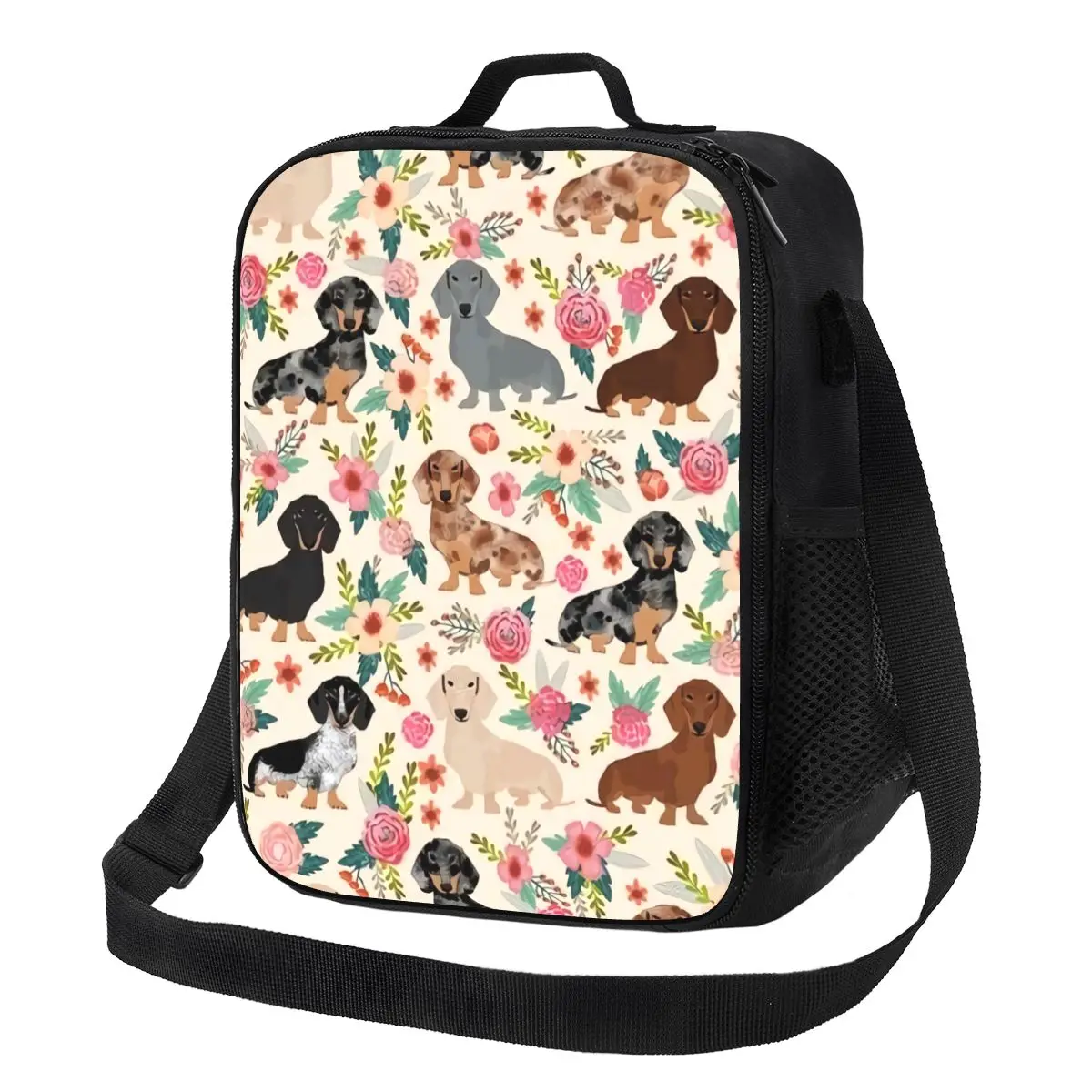 Doxie Florals Dachshund Insulated Lunch Bag for Women Sausage Dog Lovers Thermal Cooler Lunch Box Office Picnic Travel