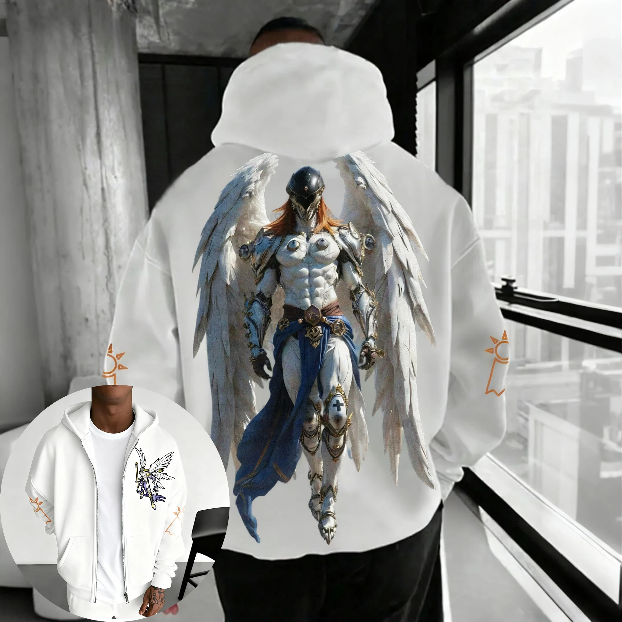 Digimon Adventure-Sudadera con capucha y cremallera para hombre, suéter holgado informal con estampado de Anime Angemon, tendencia americana Y2K, otoño/invierno, 2025