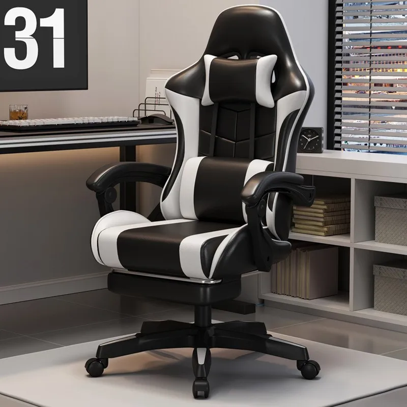 Gaming Chair For Video Game Or Office With Lumbar And Cervical Cushion Ergonomic Adjustable In Height And Reclining  Adjustable