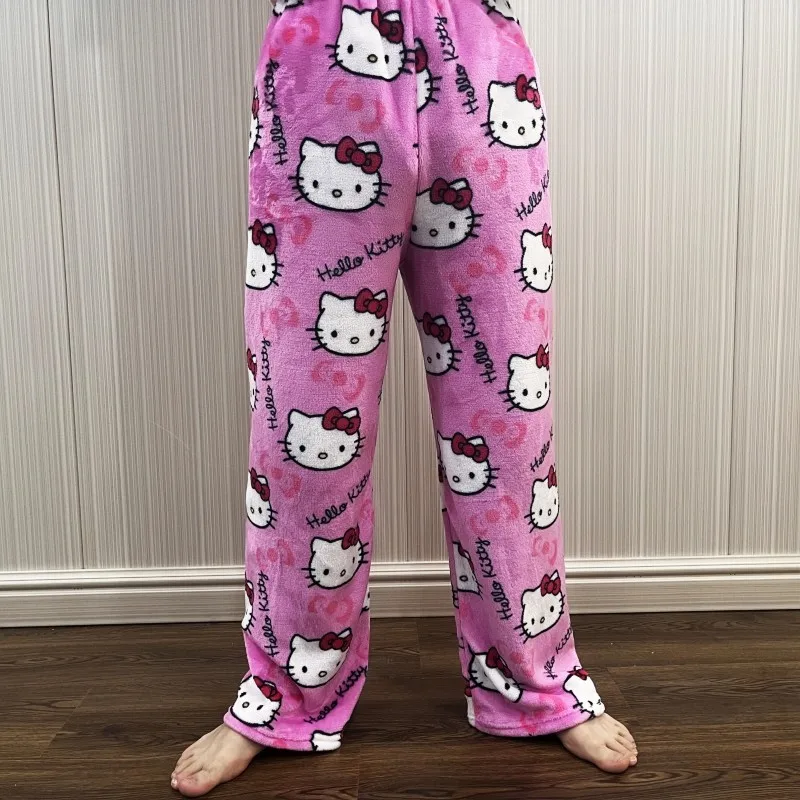 Kawaii Hello Kitty Pajama Pants Sanrio Y2K Cartoon Hip Hop Ladies Warm Casual Plush Kitty Flannel Pants Women\'s Clothing Gifts