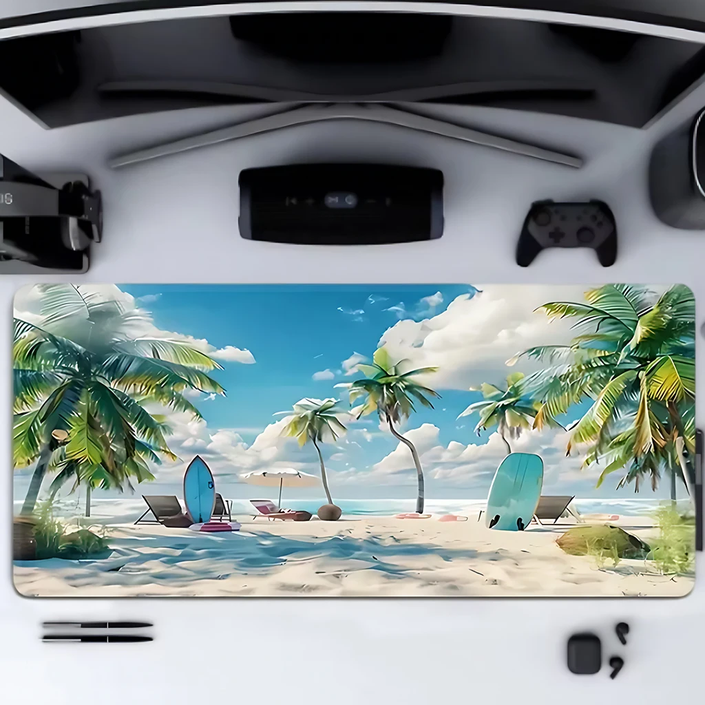 Tropical beach landscape large mouse pad, anti-slip and durable desk pad gaming mouse pad, suitable for gaming and office work