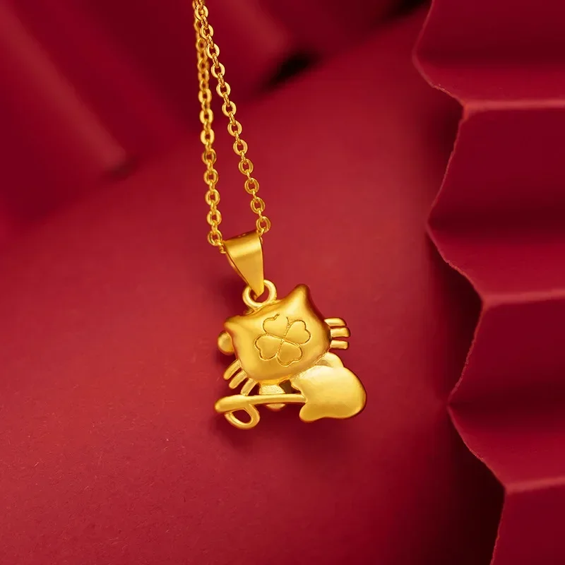 

9999 Real Gold 24K Japanese and Korean Fashion Women's Guitar Kt Cat Small Pendant Cute Sweet Kt Cat Necklace