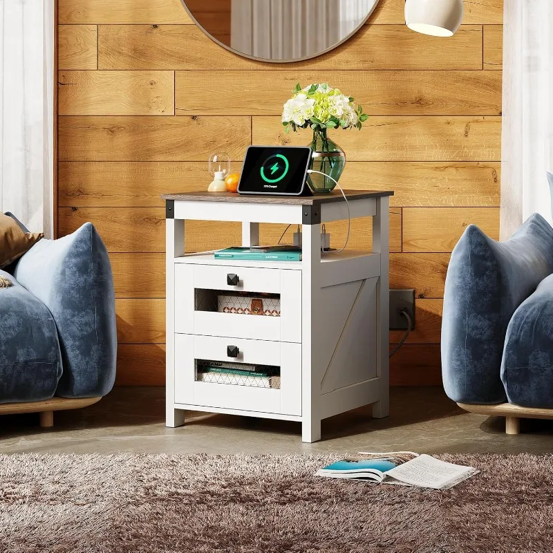

White End Table with Charging Station, Side Table Living Room, Wood Nightstand Bedroom with 2 Storage Drawers and Open She