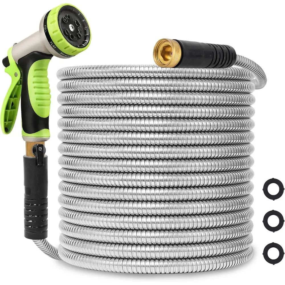 

Stainless Steel 100ft Flexible Hose with 10-Way Nozzle for Outdoor Watering