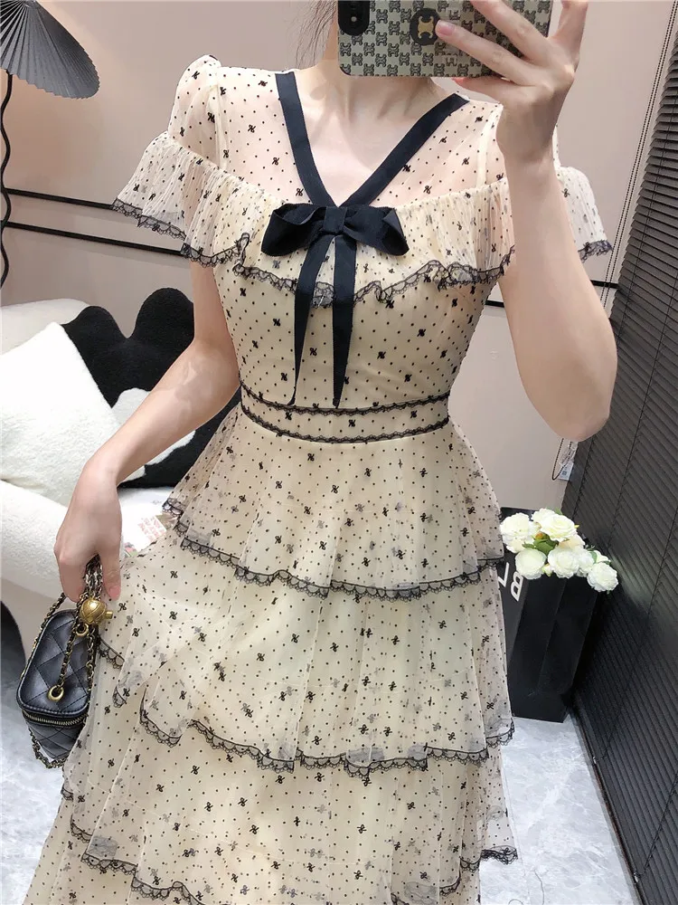 New Arrival Women\'s Summer Dress Sweet Bowknot Slim Mid-length Vestidos De Mujer Flocking Dot Printing Layer Ruffle Party Dress