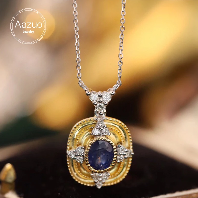 Aazuo 18K Fine Jewelry Yellow Gold Real Diamonds Natrual Blue Sapphire Square Necklace Gift For Women Engagement Party Au750