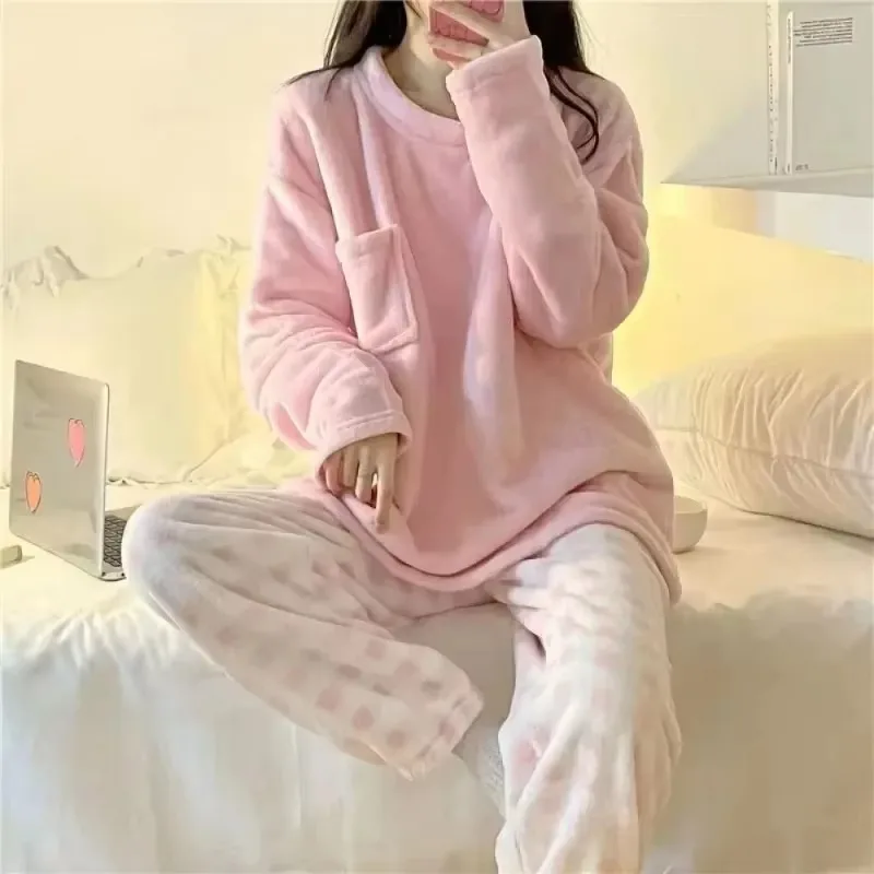 Fleece Thick Warm Women\'s Pajamas Set Winter Sleepwear Casual Solid Top and Plaid Pants Soft Pijamas Set for Women Home Suit