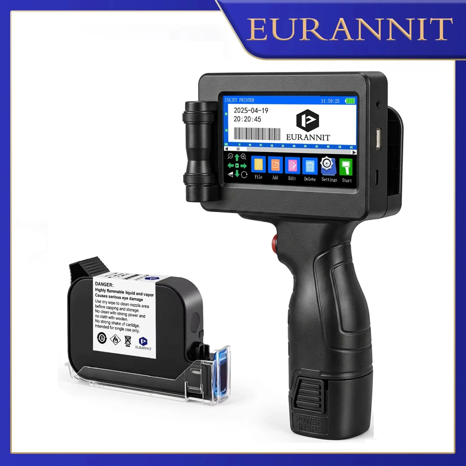 EURANNIT Handheld Inkjet Printer TIJ Coding Machine with Ink Cartridge for Date Batch QR Barcode Logo Expiry Printing 12.7mm
