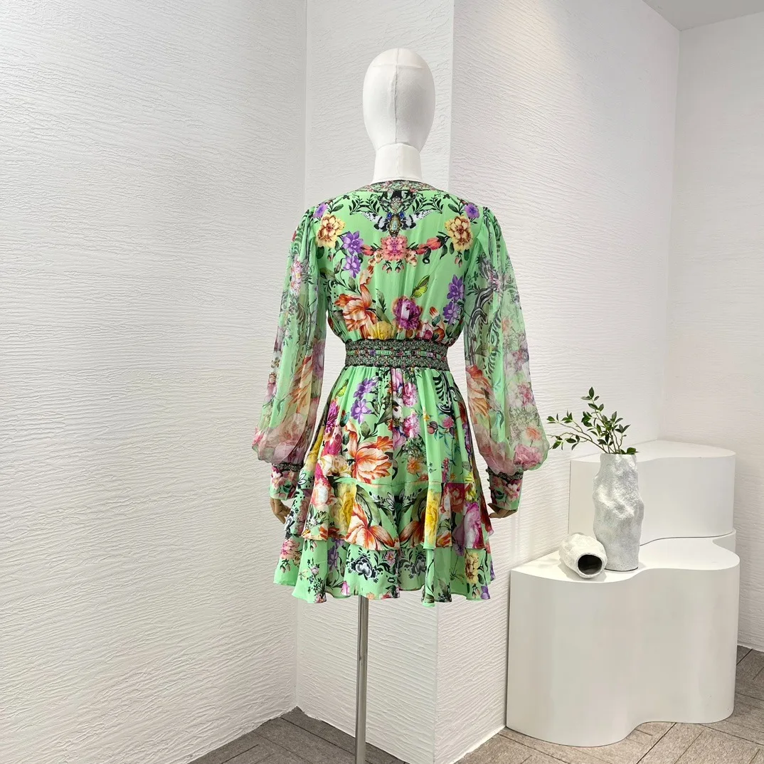 Vestido corto de seda pura para mujer, minivestido de manga larga con estampado Floral verde, diamantes prensados, cuello en V, 2024