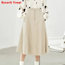 Off White Leather Skirt For Women Winter Feminino Korean Fashion Pockets Calf Length Umbrella Faldas Mujer Big Hem Pleated Jupe