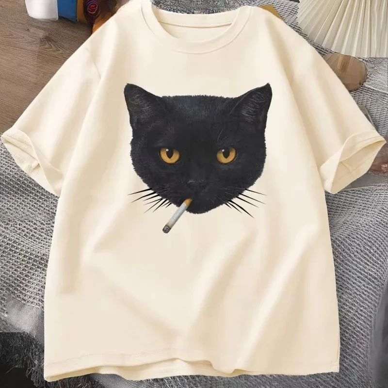 Funny Smoking Cat Y2K T Shirt Vintage Black Cat Tee for Men Kids 90s Aesthetic Tee Men Women Casual Cotton Short Sleeve T-shirt