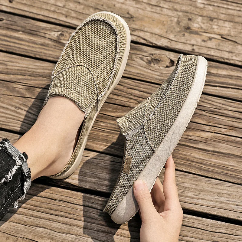 

Slip on Men Casual Shoes Outdoor Walking Comfortable Canvas Slippers Summer Korean Trend Baotou Half Drag Slides Large Size EVA