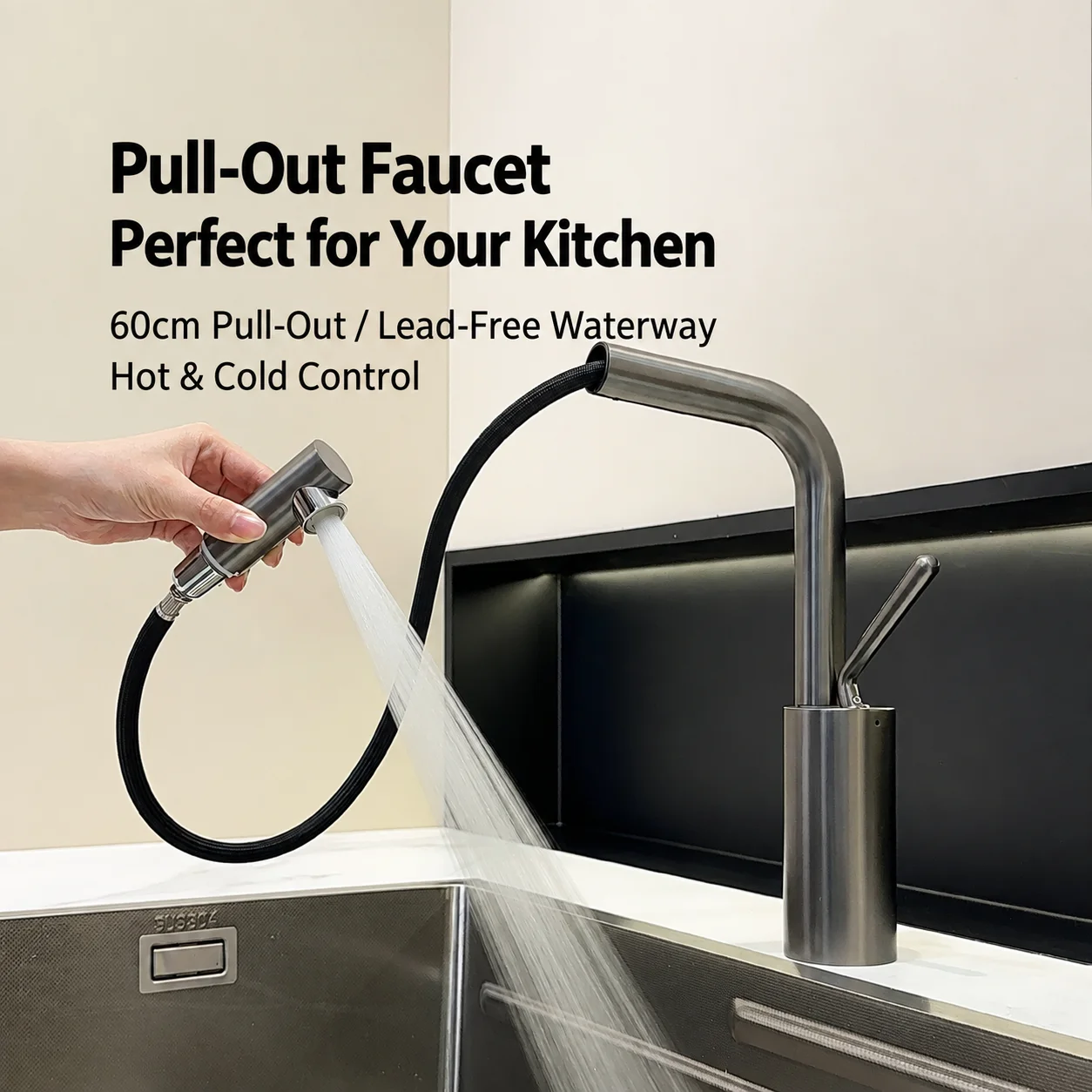 German Design Brass Kitchen Basin Faucet Pull Out Hot Cold Sink Mixer Tap 60cm Hose 360 Swivel Flip Spray Nozzle