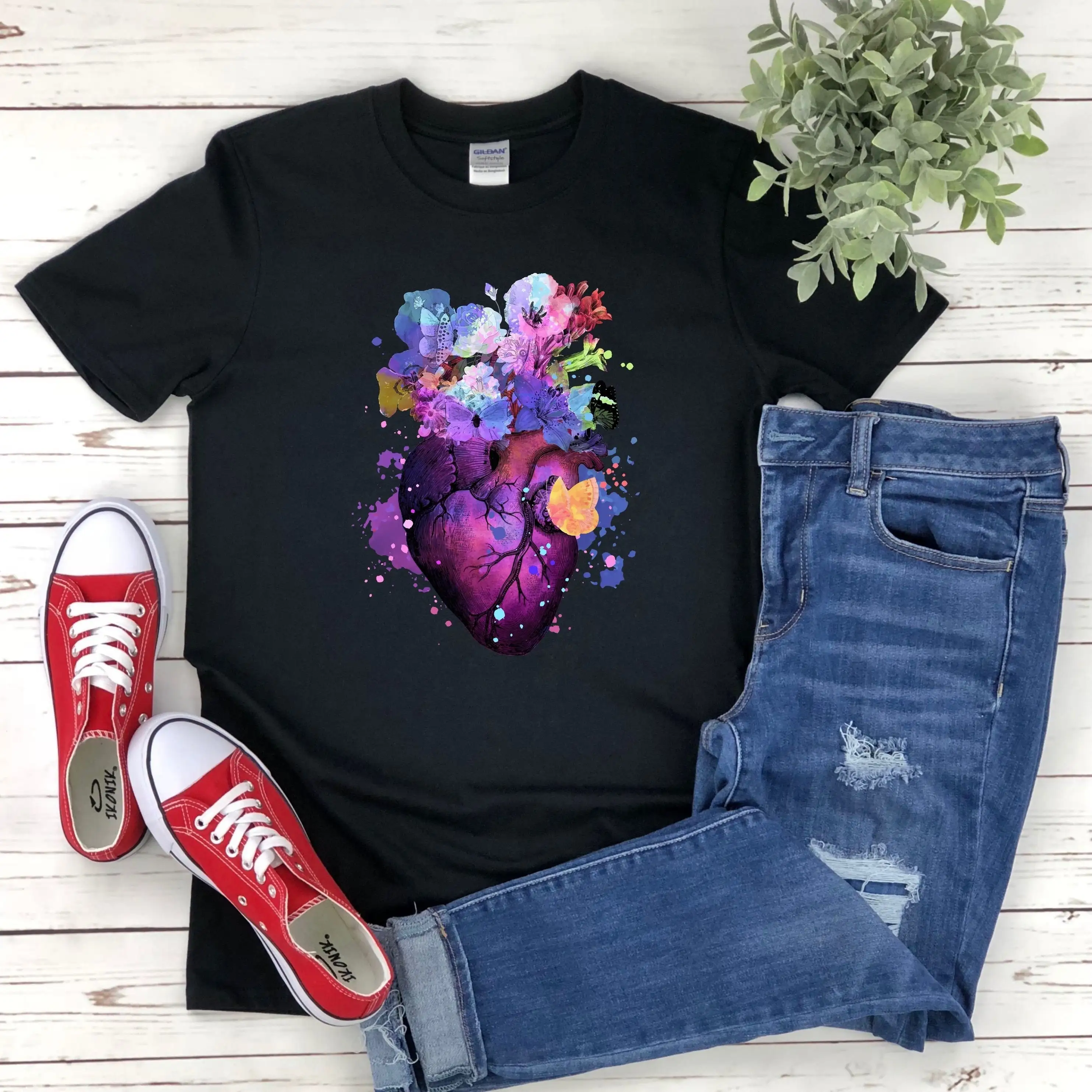 Floral Anatomical Human Heart Watercolor Flowers Cardiology Splash Art Flower Hand Drawn Artwork T Shirt Sweater