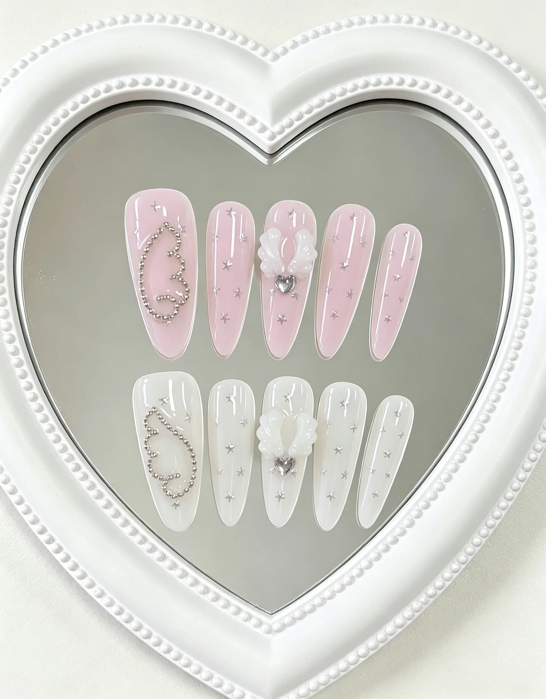 10 Pieces of Long Almond-Shaped, Gentle and Fairy-Like Handmade Fake Nails, Suitable for Couples' Dates, Wedding Bridesmaid Styles, Daily Gentle Commuting Looks, Ballet-Style Outfits, Store Visits, and Birthday-Themed Looks.