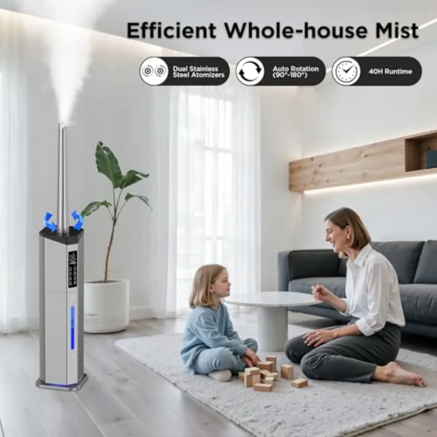 Humidifiers for Bedroom - 2.38Gal/9L Dual Atomizers Top Fill Humidifier for Large Room 2000ft with Auto Rotation 7-Color Light