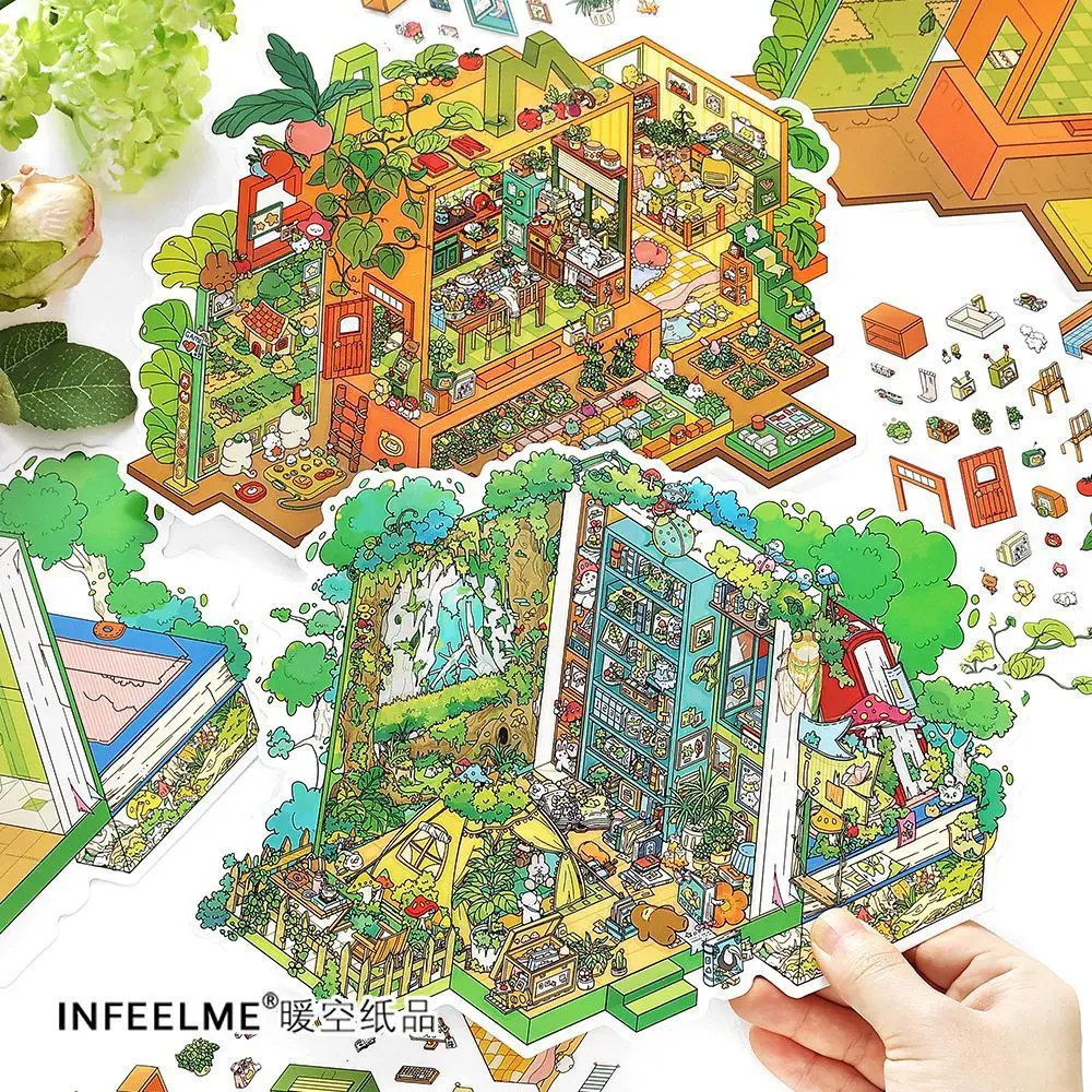 

Infeel.Me My Little House Series 21 White Card diorama sticker 2.5D Oversized Large landscape sticker 4 Sheets Scrapbook sticker