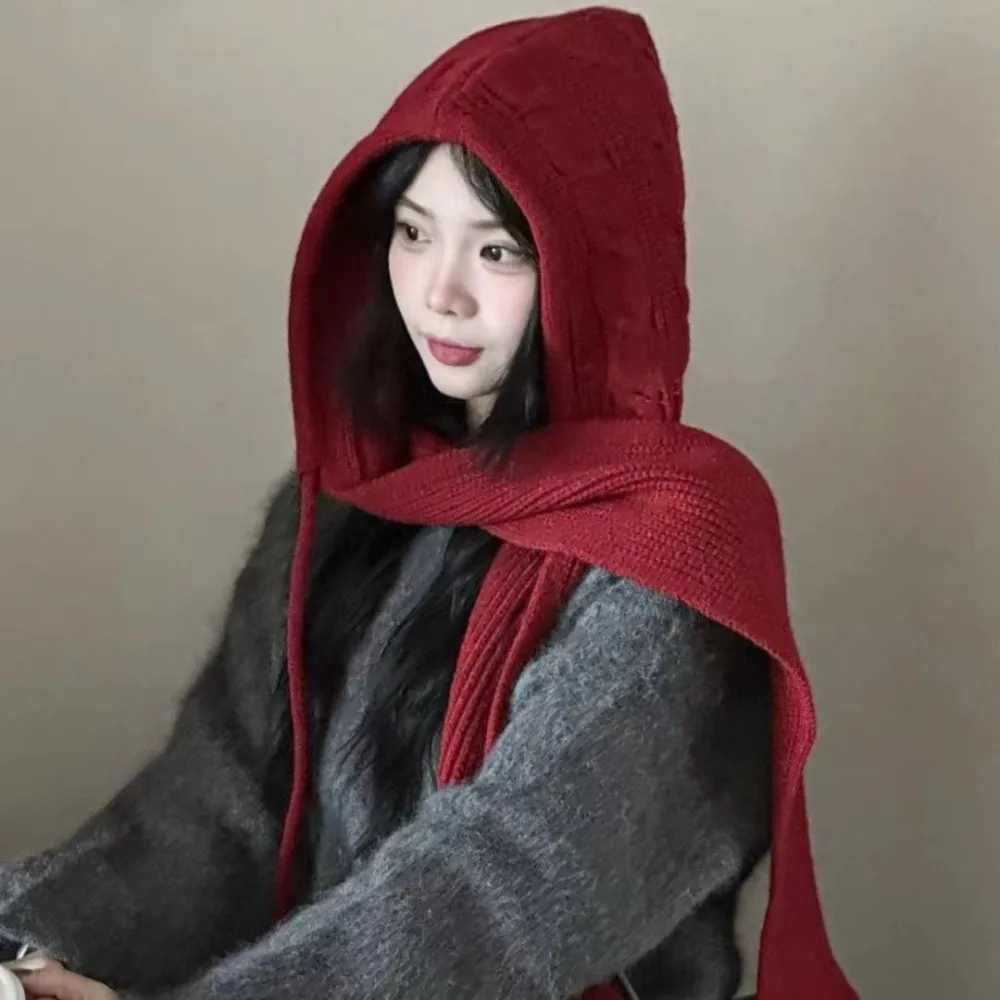 

Fashion Winter Warm Shawl Balaclava Hats Integrated Thicken Knitted Pullover Hat Soft Ear Protection Hooded Scarf