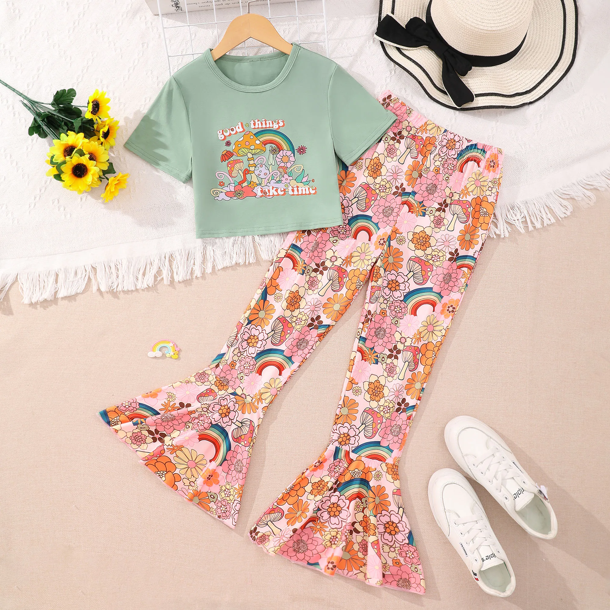 2024 Big Girls Set Kids Girl Clothes Summer Cartoon Mushroom Casual Cute Tshirt and Pants 2 Pcs Children suit 8 9 10 11 12 Years