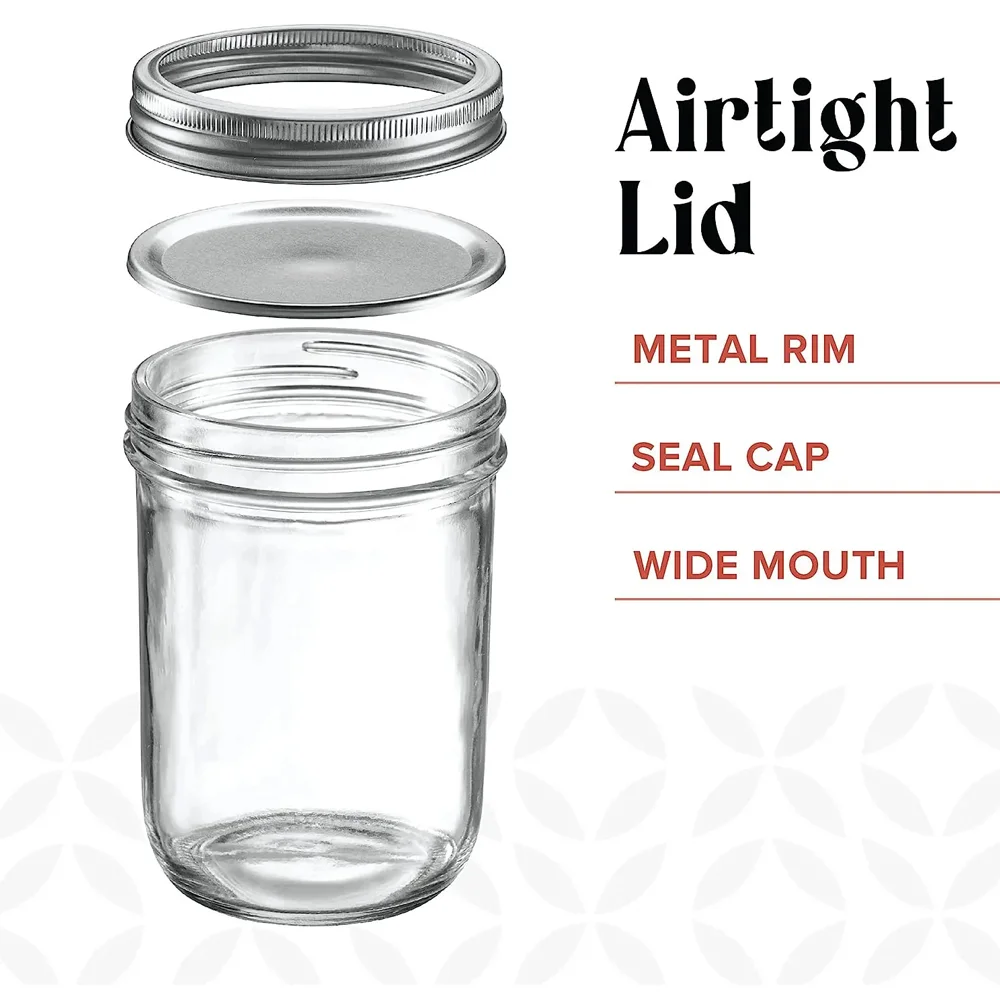 14oz Wide-Mouth Glass Mason Jars with Metal Airtight Lids and Bands for Preserving, & Meal Prep