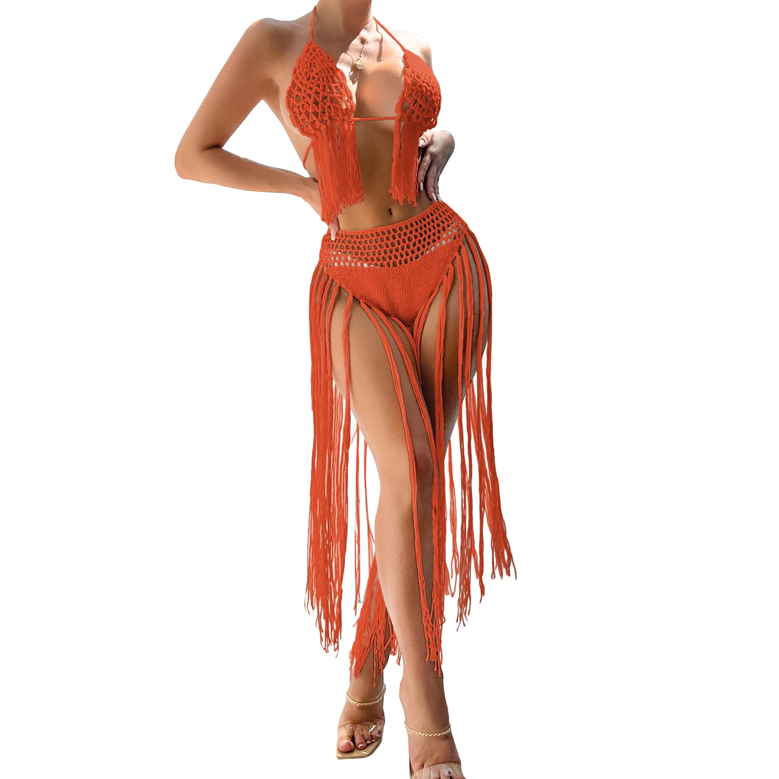 

2 Piece Women's Beachwear Cover-Ups Outfits Crochet Tassel Bra + Bottom Cover Up Set Swimsuit Beachwear