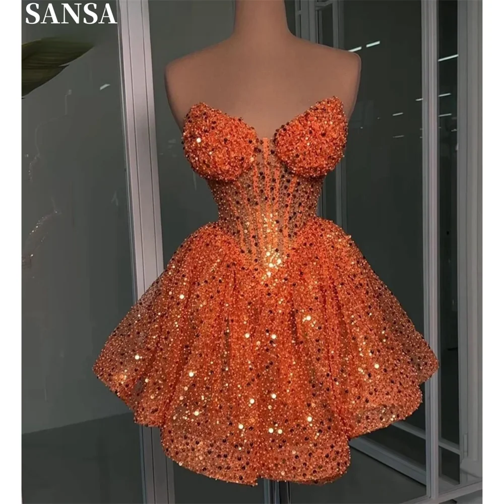 Sansa Orange Glitter Mini Party Dresses Ball Gown Knee-Length Luxury Evening Dresses Heart Shape Neck vestidos de fiesta 2024