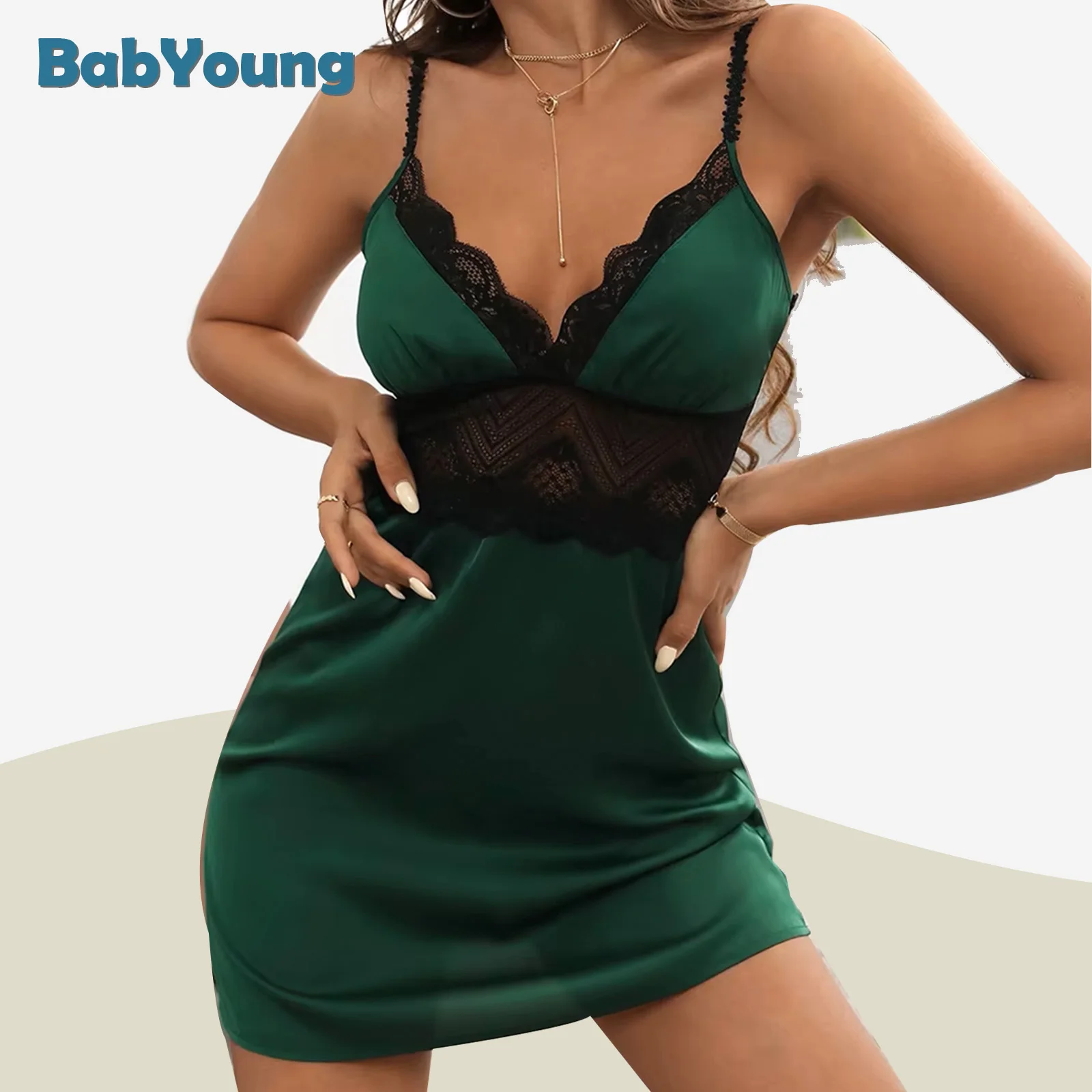 Female Satin Nightgown Lady Sexy Spaghetti Strap Night Dress Women Sleeveless Nightwear Comfortable Lace Hollow Out Nighties New