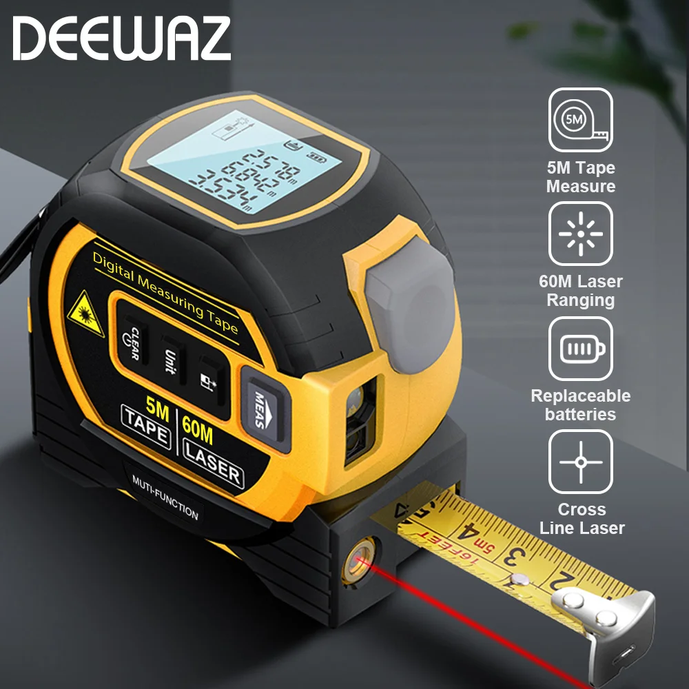 DEEWAZ 3-in-1 Digital Laser Tape Measure Distance Meter 60m Rangefinder with Cross Line Laser