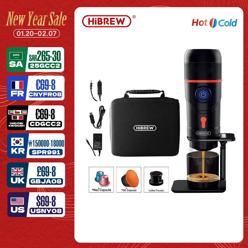 HiBREW Portable Coffee Machine for Car & Home,DC12V  Expresso Coffee Maker Fit Nexpresso Dolce  Pod Capsule  Coffee Powder H4