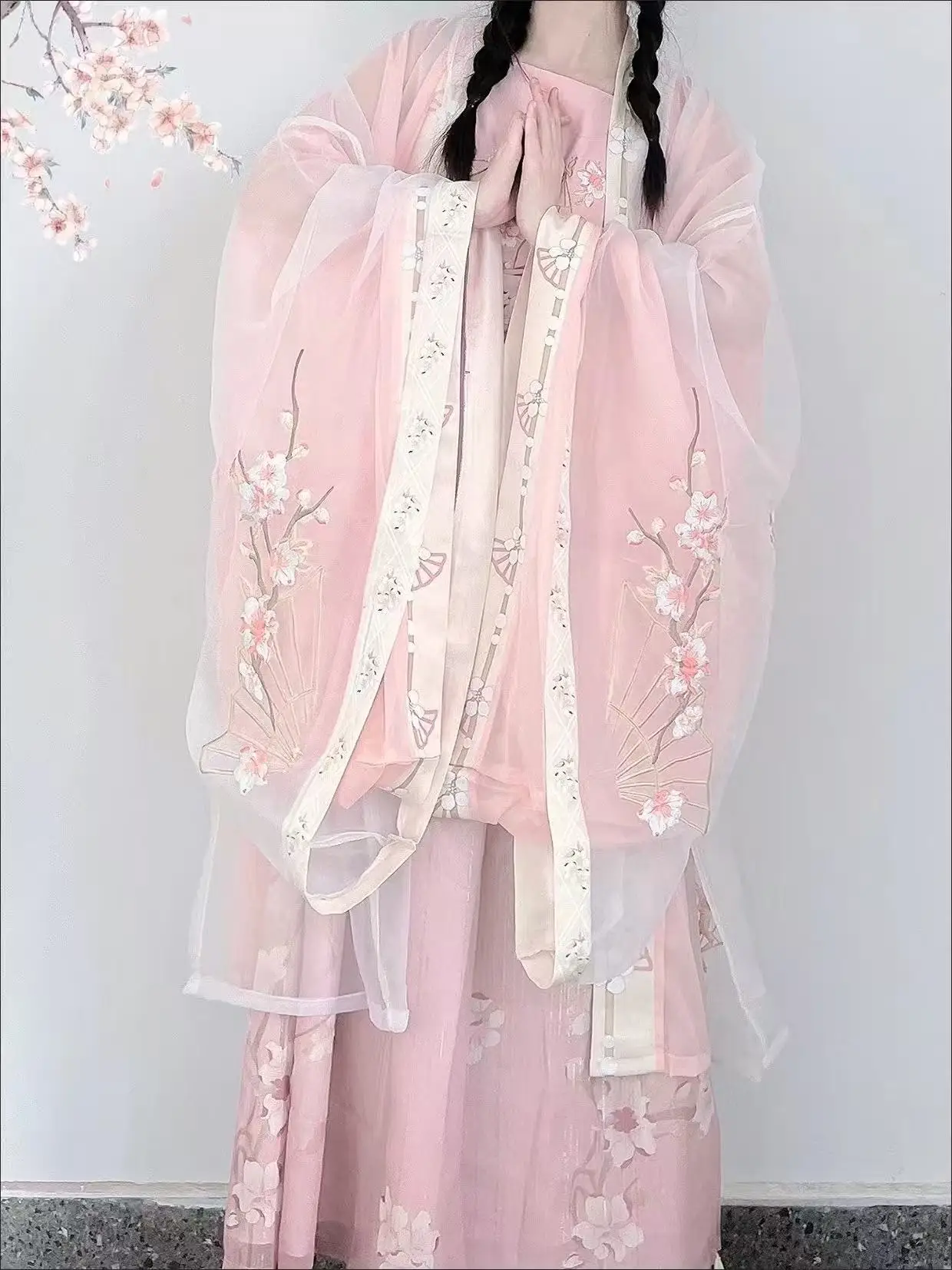Vintage Floral Embroidery Hanfu Women's Traditional Chinese Pink Large Sleeve Shirt Dress Event Party Fairy Cosplay Costume Han