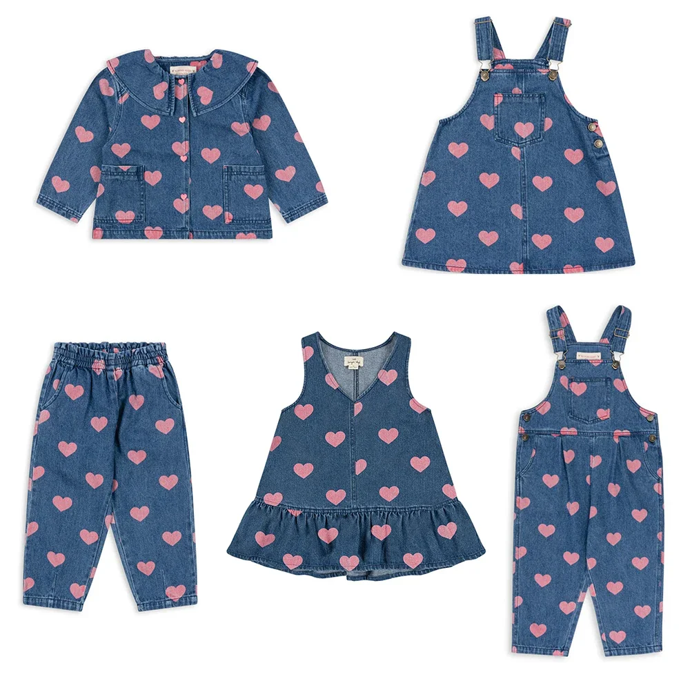 Kid Girls 24 KS Denim Suits Full Love Cherry Denim Shirt Jeans Strap Dress Rompers Toddler Children Spring Pants Set Girls Gifts