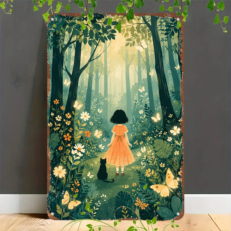 2D flat retro metal tin plate,  Forest Girl and Cat Vintage Tin Sign, Suitable for home, garage, café, bar and garden decoration