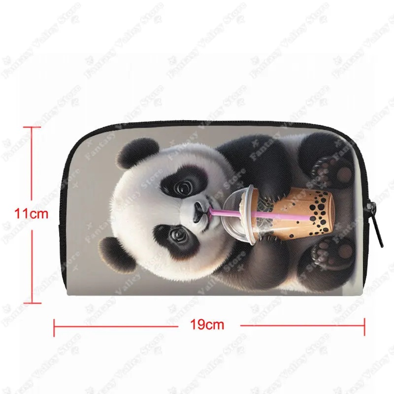 Panda Drinking Milk Tea Print Wallet Cute Panda Bubble Tea Purse Coin Money Bags Credit Card Earphone Phone Holder Long Wallet